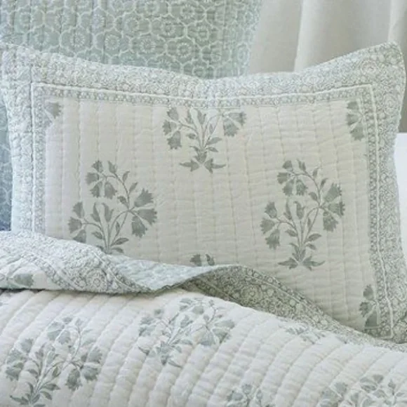 Ballard Designs pair of Ava block print standard pillow shams quilted tie back - Picture 3 of 5